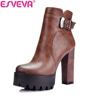 ESVEVA 2018 Western Brown Buckle Women Boots Round Toe Spring Autumn Shoes Square High Heel Platform Sexy Ankle Boots Size 34-42