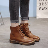 Lucyever Vintage Women Ankle Boots Lace Up Soft Leather Shoes Female Platform Flat Winter Boot Warm Woman Footwear Black Brown