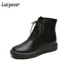 Lucyever Vintage Women Ankle Boots Lace Up Soft Leather Shoes Female Platform Flat Winter Boot Warm Woman Footwear Black Brown