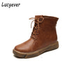 Lucyever Vintage Women Ankle Boots Lace Up Soft Leather Shoes Female Platform Flat Winter Boot Warm Woman Footwear Black Brown