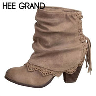 HEE GRAND Fringe Sexy Women Ankle Boots Casual Platform Shoes Woman High Heels Western Boots Slip On Winter Women Shoes XWX7134
