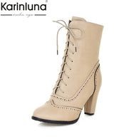 KARINLUNA 2018 Large Sizes 32-43 British Style Women's Brogue Shoes woman Fashion High Heel Lace Up Ankle Boots Autumn Winter