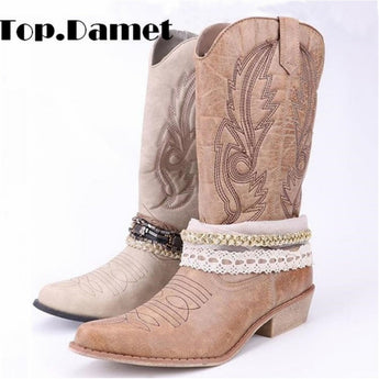 Top.Damet Women Knee High Boot Cowboy Cowgirl Boots with Lace and Chain Decoration Western Shoes Slip On Motorcycle Boots Woman