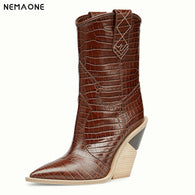 NEMAONE Drop ship Brand women boots pointed toe wedges shoes autumn winter boots short ladies Western mid-calf boots for women
