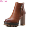 QUTAA Gray 2020 Round Toe PU Leather Western Style Women Shoes Square High Heel Ankle Boot Women Motorcycle Boot Size 34-42